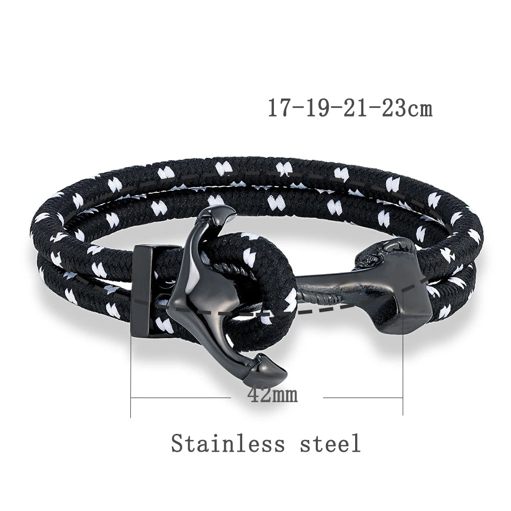 Bracelet MKENDN Classique Homme Ancre, Bracelet en Corde de Nylon Tressée Multicouche, Bracelet Femme en Acier Inoxydable Noir, Bijou Cadeau