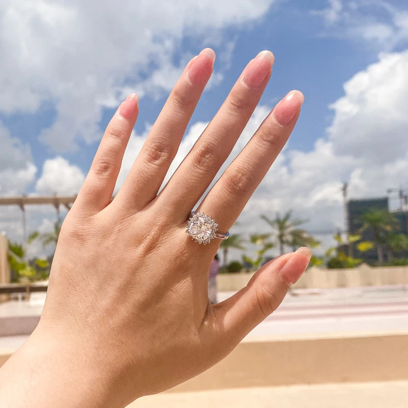 OXTAO Luxury Halo Engagement Ring 925 Sterling Silver Cushion Cut Simulated Diamond Wedding Bridal Ring Jewelry Gift