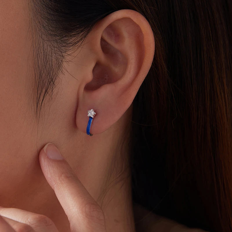 WOSTU 925 Sterling Silver Star Zircon Huggies Earrings For Women, Simple Blue Enamel process Ear Buckles Party Daily Wear Gift
