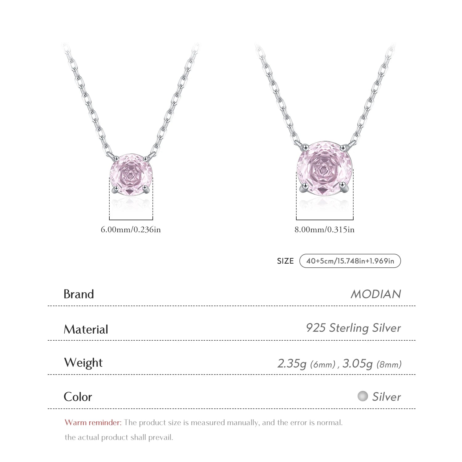 MODIAN 925 Sterling Silver Sweet Romantic Light Pink Round Rose Cut CZ Pendant Necklace For Women Fine Jewelry