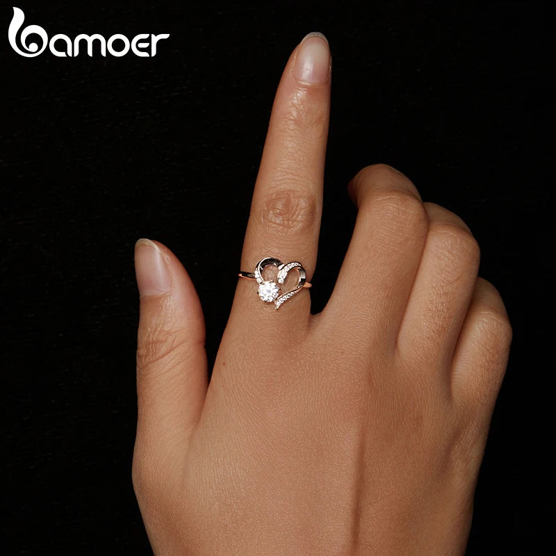 BAMOER Solitär-Herzring aus 925er Sterlingsilber mit Moissanit für Damen, vergoldeter Ehering