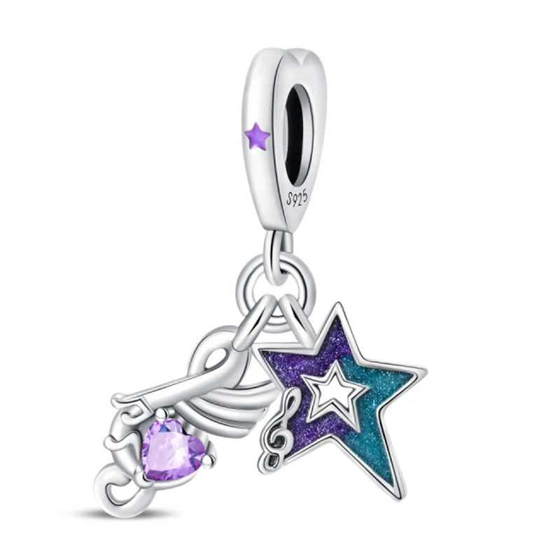 Romantic Music Charms Beads 925 Sterling Silver Piano Violin Red Guitar Punk Saxophone Pendants Fit Qikaola Bracelet DIY Jewelry