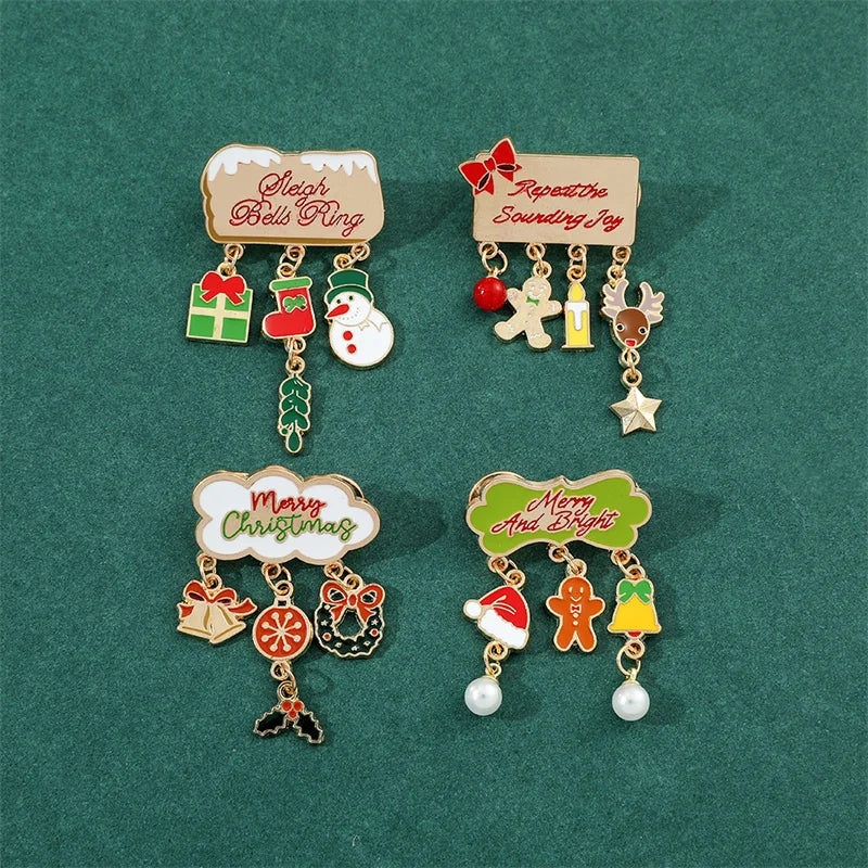 Fashion Christmas Brooch For Women Men Xmas Tree Snowman Wreath Elk Metal Tassel Lapel Pins Badges New Year Party Festival Gift