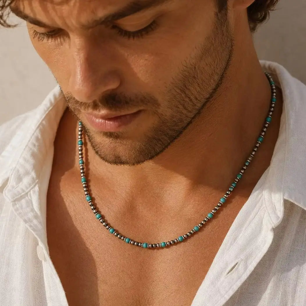 Synthetic Turquoise Necklaces for Men Boys,Natural Stone Mini Beads Necklaces,Summer Beach Bohemian Male Jewelry Gift
