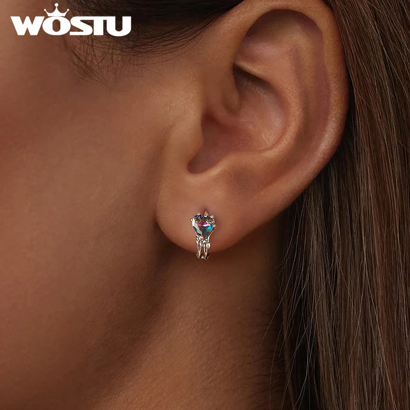 WOSTU 925 Sterling Silver Heart Rainbow Gems Gothic Huggies Earrings For Women, Skeleton Hand Punk Hoop Earring Halloween Gift
