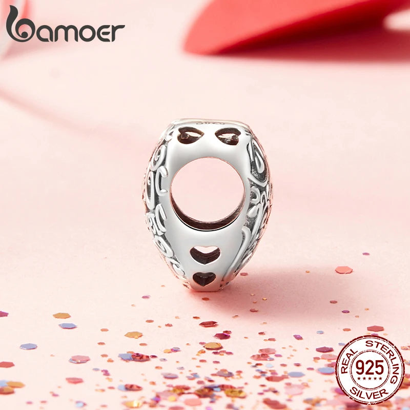 BAMOER - Breloque en forme de cœur en argent sterling 925 massif à motif rétro - Compatible avec les bracelets et colliers originaux - Bijoux DIY - Breloque en forme de cœur Bamoer