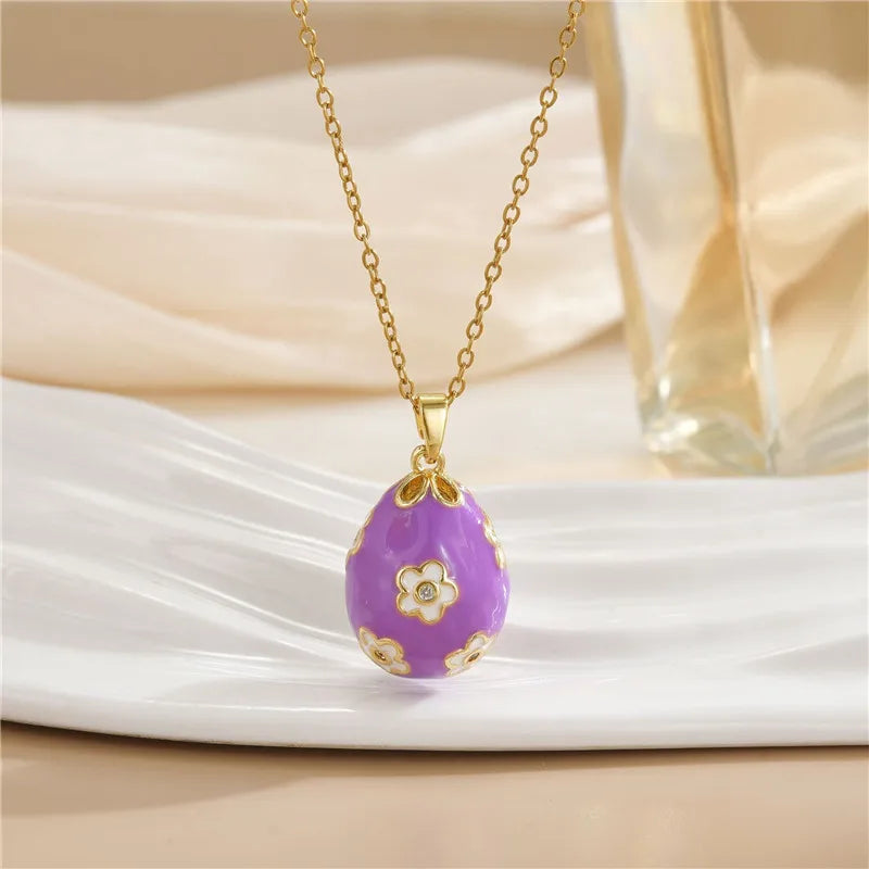 Fashion Easter Egg Enamel Zircon Pendant Necklace Stainless Steel Chains Geometric Choker Jewelry Gifts For Women Girls