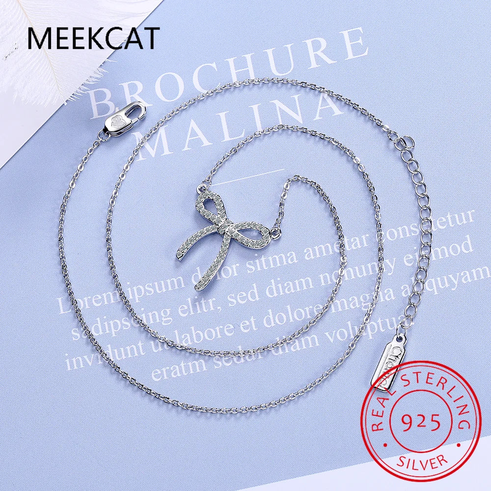 Pass Diamond Test Lab Moissanite Total 0.5 Carat Bow Necklace Pendant 925 Sterling Silver Platinum Plated Luxury Jewelry