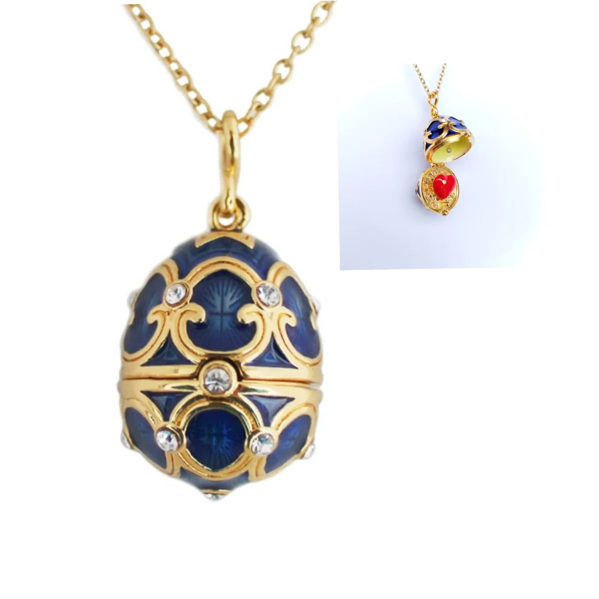 Collier pendentif œuf de Pâques Fabergé en émail fait à la main, médaillon en laiton, vintage, cristal, trèfle à l'intérieur, cadeau pour femmes et filles