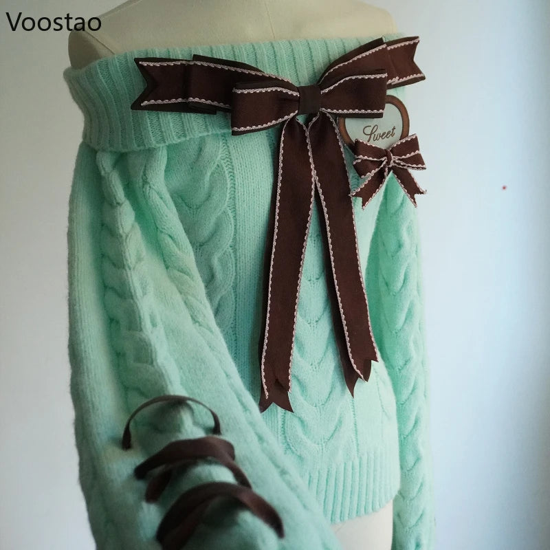 Autumn Winter Sweet Lolita Style Knitted Pullover Women Harajuku Cute Slash Neck Bow Spice Girl Sweaters Femme Y2k Knitwear Tops