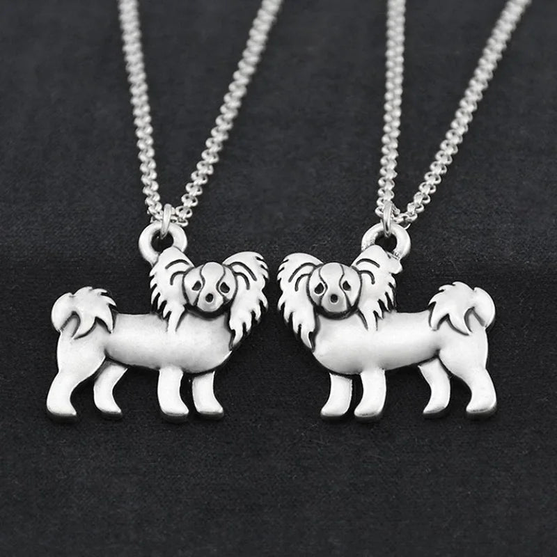 Retro Silver Color Chow Chow&Papillon Pendant Necklace Women Stainless Steel Long Chains Pekingese Dog Necklaces For Men Jewelry