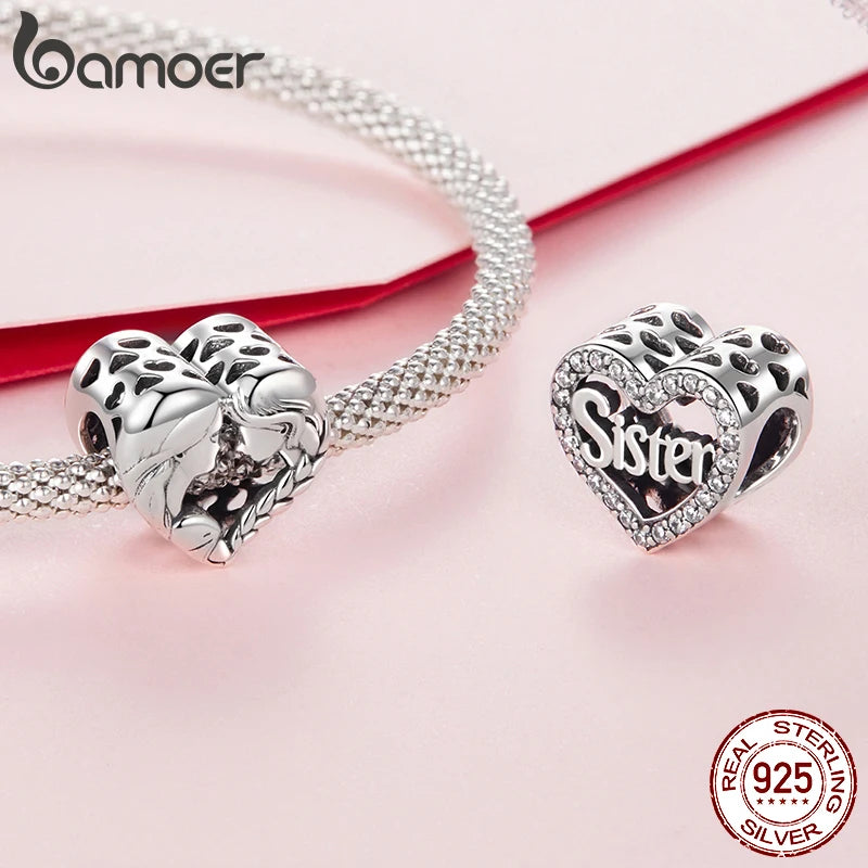 BAMOER 2025 Family Series 925 Sterling Silver Sister Mother Charm fit Original Bracelet DIY Jewelry Accessories Heart Beads