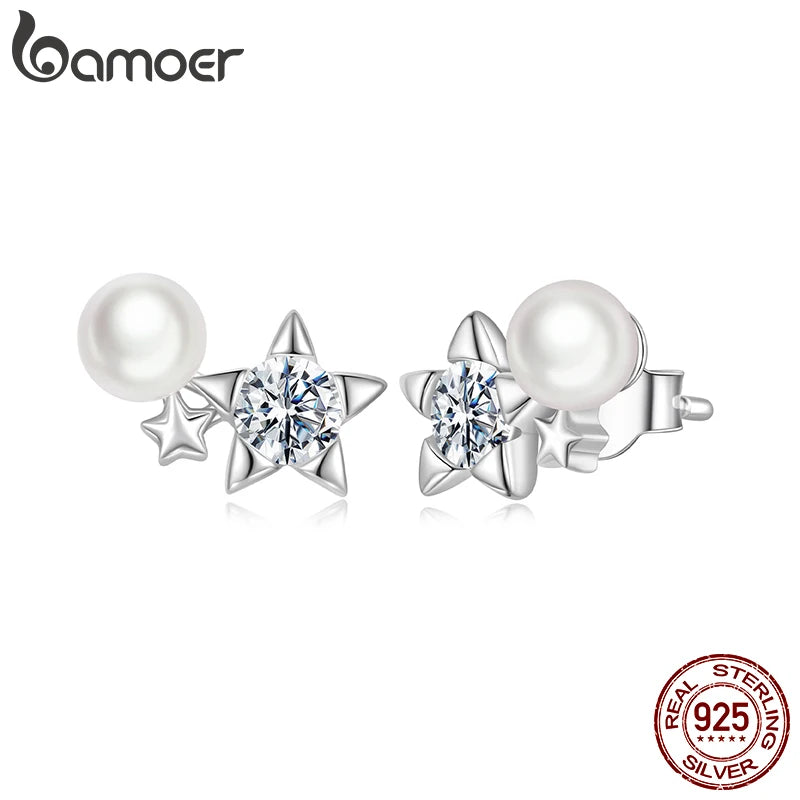 BAMOER Doppelstern-Moissanit-Ohrstecker, weißvergoldete Perlenohrringe, runde Labor-Diamanten für Damen, elegantes und süßes Geschenk