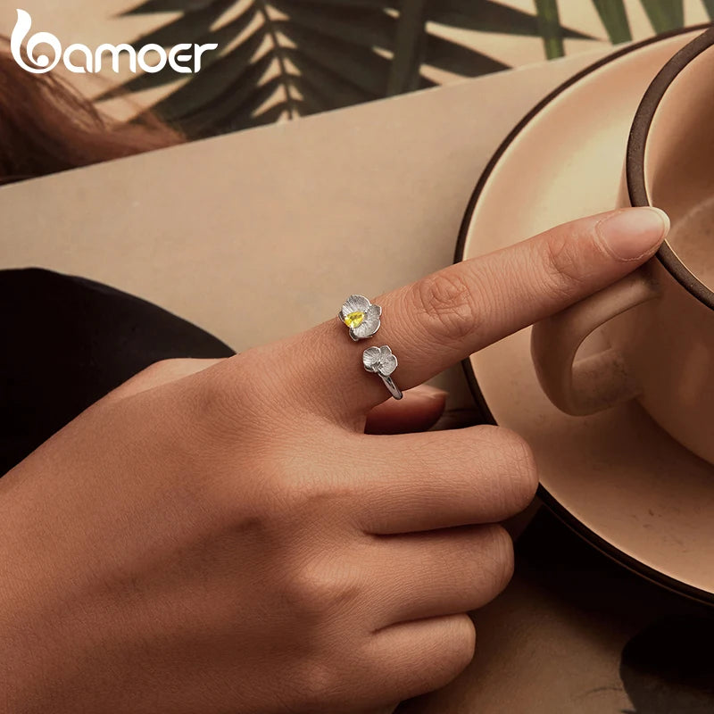 BAMOER 925 Sterling Silber Phalaenopsis offener Ring für Damen, Weißgold plattiert, Glücksblume Schmuck Geschenk Mode Geburtstagsgeschenk