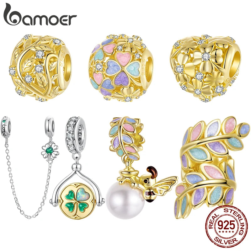 Bamoer 925 Sterling Silver Autumn Gold Leaves Charms Lucky Four-Leaf Clover Spinning Pendant for Women Bracelet DIY Jewelry Gift