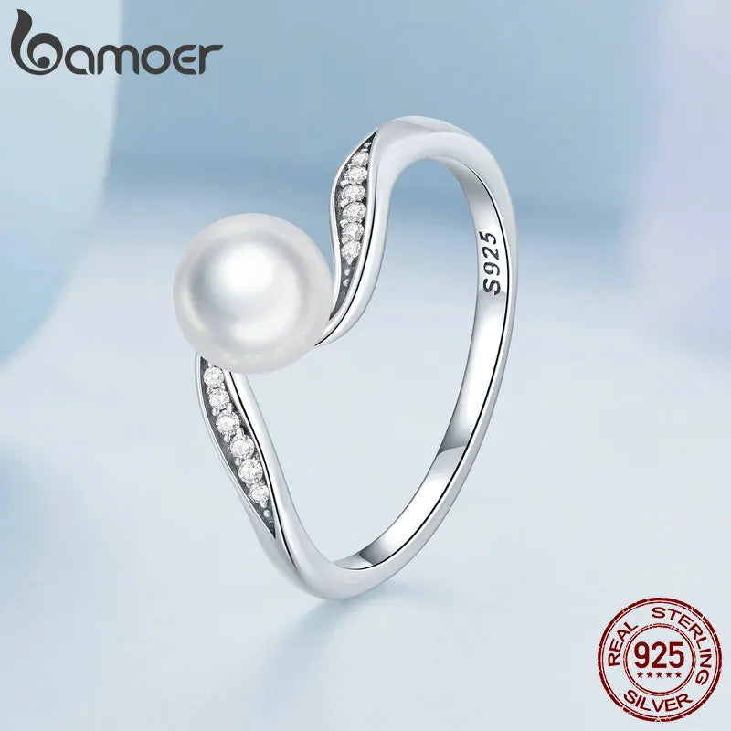 Bamoer 925 Sterling Silber Hochwertiger Muschelkern-Ring Geometrischer Ring Pave Setting CZ für Frauen Geburtstagsgeschenk Edlen Schmuck BSR304