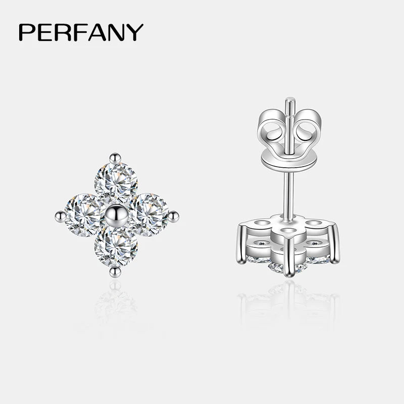 PERFANY All Moissanite Stud Earrings for Women S925 Pure Silver Classic Clover Laboratory Diamond Fashion Luxury Wedding Jewelry