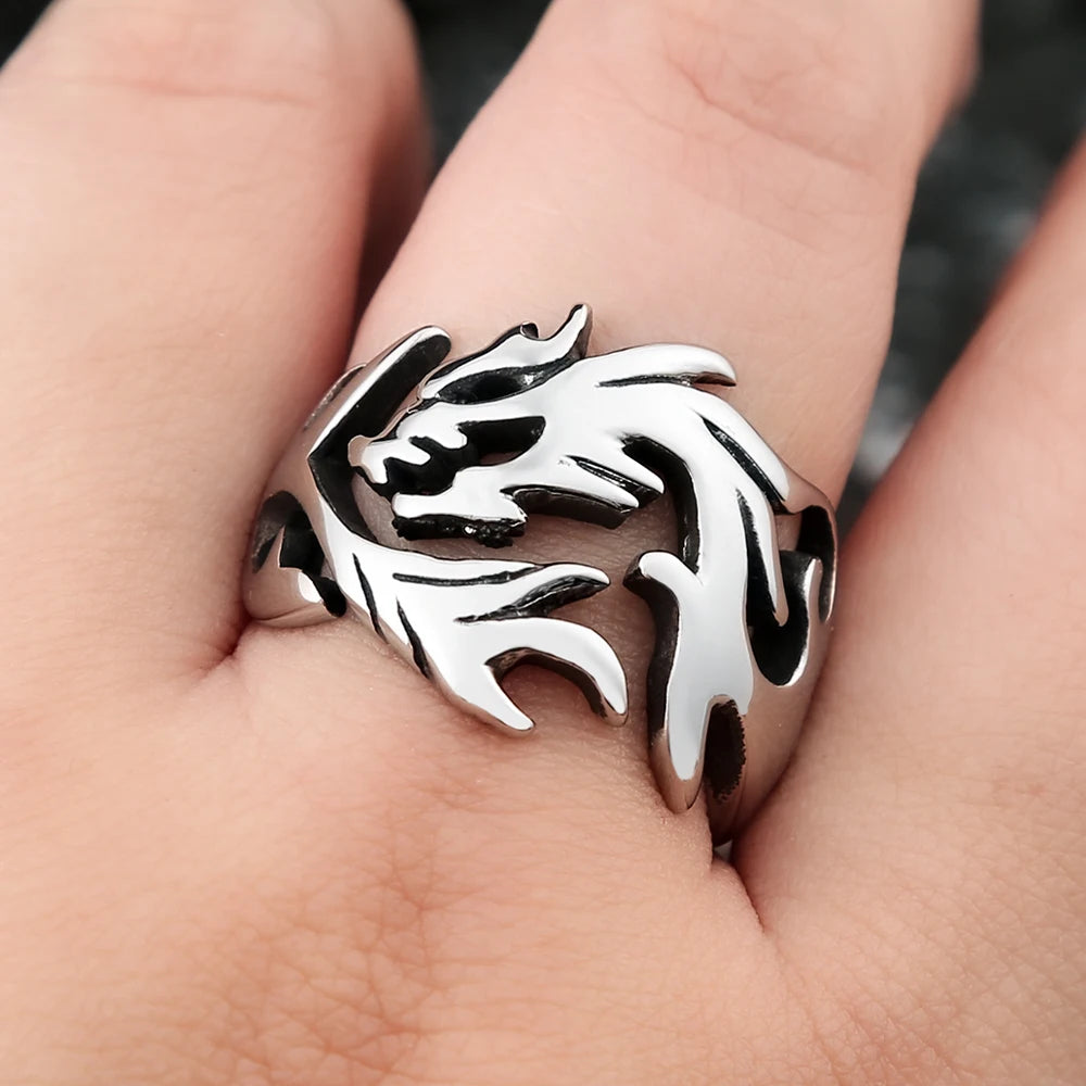 Fashion Punk Stainless Steel Fire Dragon Rings For Men Women Hip Hop Biker Vintage Vikings Animal Ring Amulet Jewelry Wholesale - Madeinsea©