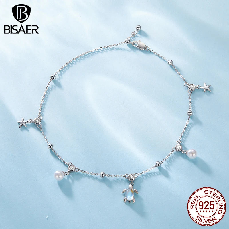 BISAER 100% 925 Sterling Silver Turtle Anklets Starfish Shell Beads Chain Anklet For Women Party Fine Jewelry Holiday Gift