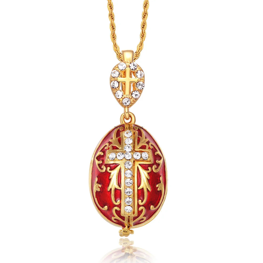 YAFFIL Egg Pendant Necklace Cross Handmade Vintage Jewelry Enamel Jesus Luxury Charm Crystal Rhinestone Piercing Gifts To Women