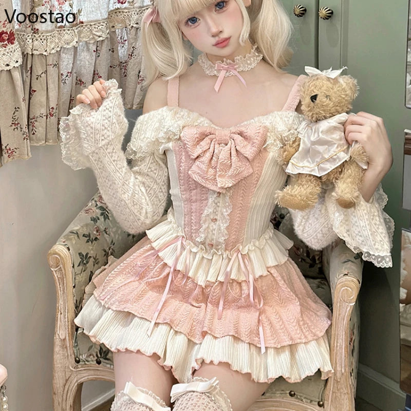 Sweet Lolita Style Skirt Sets Women Kawaii Bow Lace Ruffles Long Sleeve Off Shoulder Tops Y2k Cake Skirt Suit Pink 2 Piece Set
