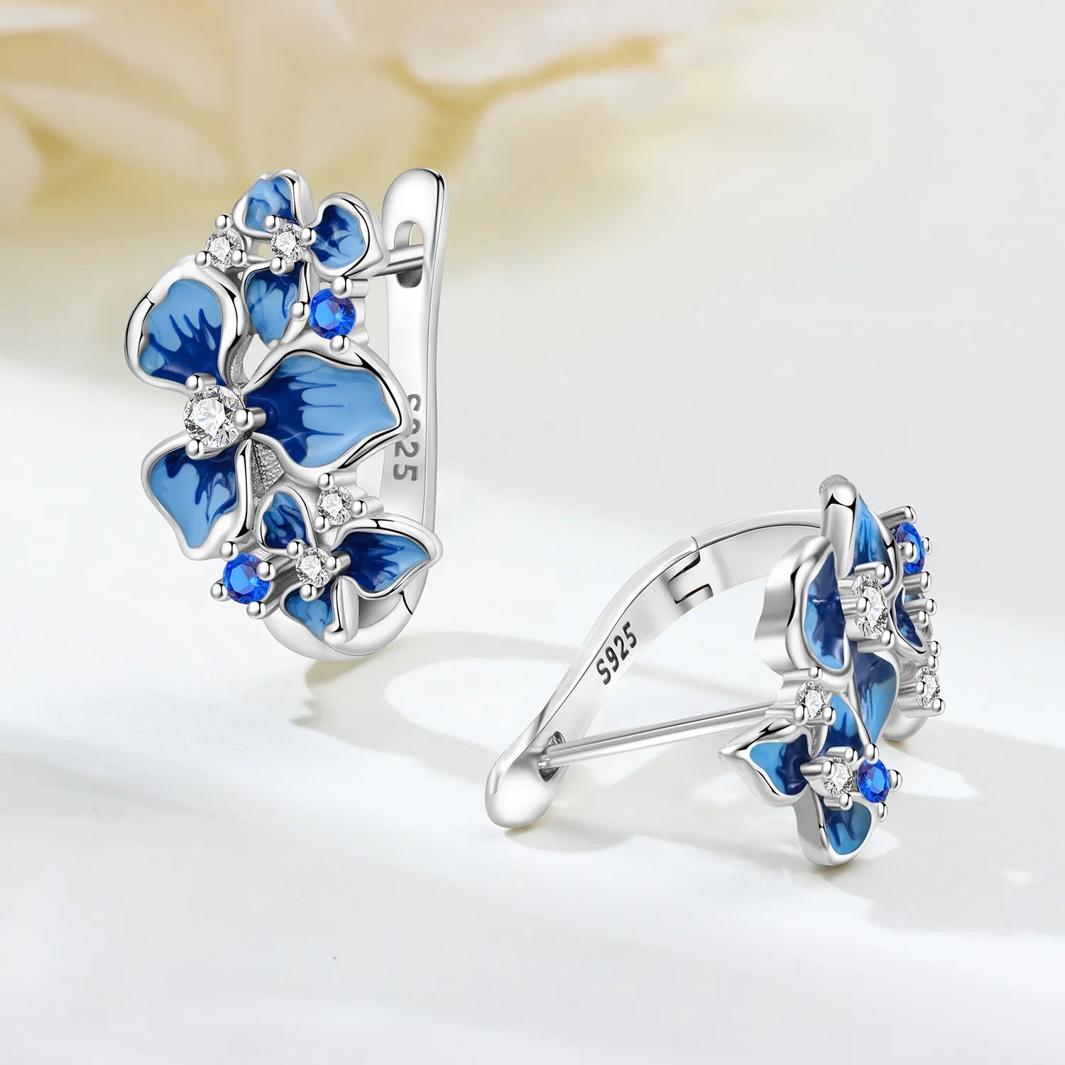 PANPOKI Original 925 Sterling Silver Blue Iris Flower Earrings Women Hoop Earring Anniversary Jewelry Trendy Gifts