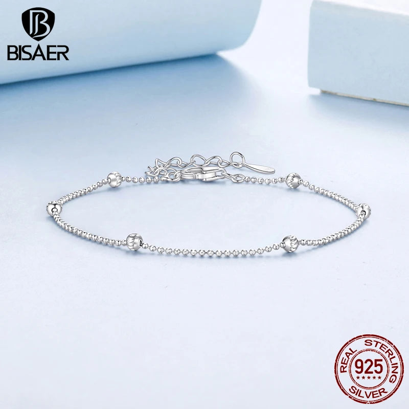 BISAER 925 Sterling Silver Carved Beads Bracelet Minimalist Round Bead Stackable Chain Plated White Gold for Women Fine Jewelry