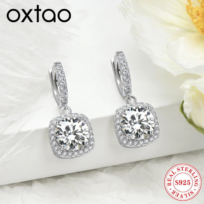 OXTAO Round Cut D Moissanite Dangle Huggie Drop Earrings Real 925 Silver for Women Temperament Earring Wedding Jewelry Gifts