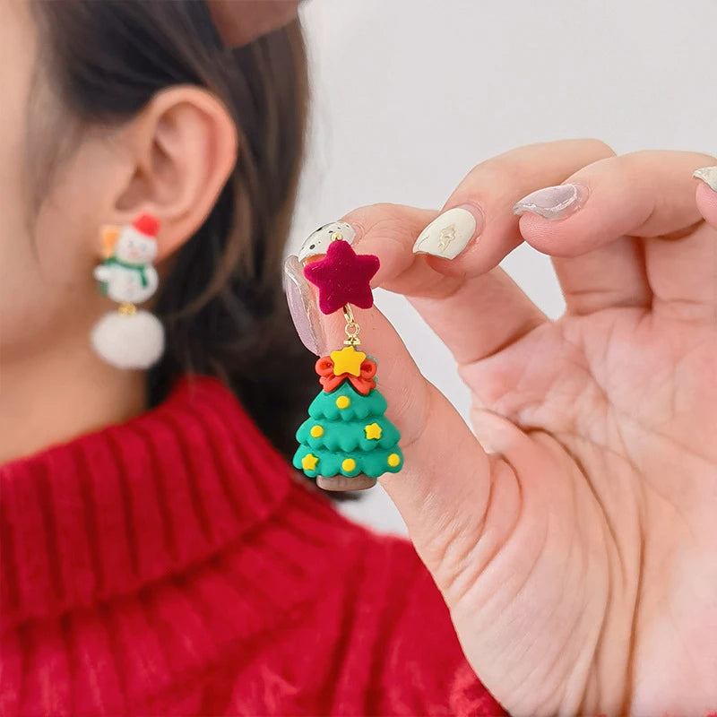 Lovely Zircon Snowflake Pearl Charm Earring For Women Christmas Flocking Hairball Bowknot Stud Earrings New Year Party Jewelry