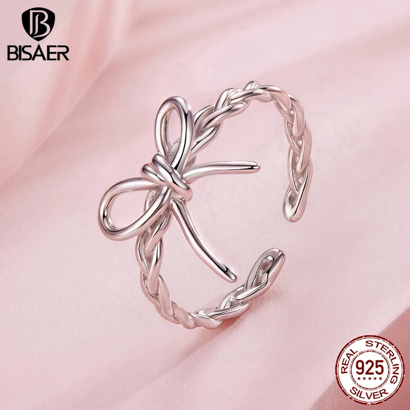 BISAER 925 Sterling Silver Weaving Bow Open Ring Bow-knot Statement Band Plated White Gold for Women Party Original Fine Jewelry