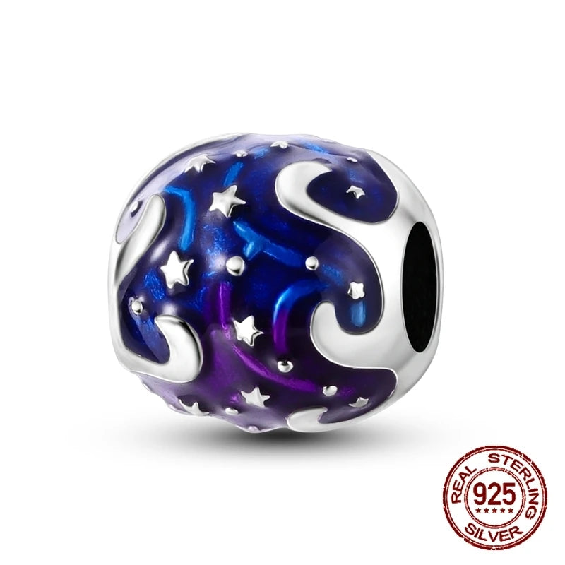 Breloque en argent sterling 925 représentant la lune, l'étoile, l'avion, l'espace, série bleue, compatible avec les bracelets Pandora originaux, bijoux à offrir