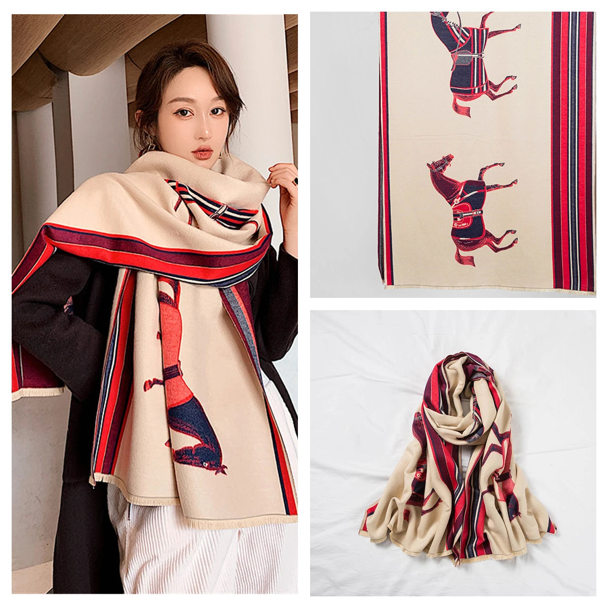 Women's Autumn Winter Horse Pattern Scarf New Luxury Cashmere Feeling Large Blanket Wrap Soft Warm Brand Shawl Retro & Classical - Madeinsea©