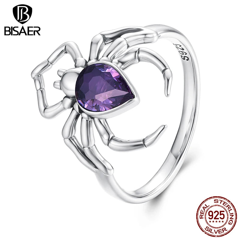 BISAER 925 Sterling Silver Spider Ring Purple Zircon Statement Band for Woman Party Original Fine Jewelry ECR1158