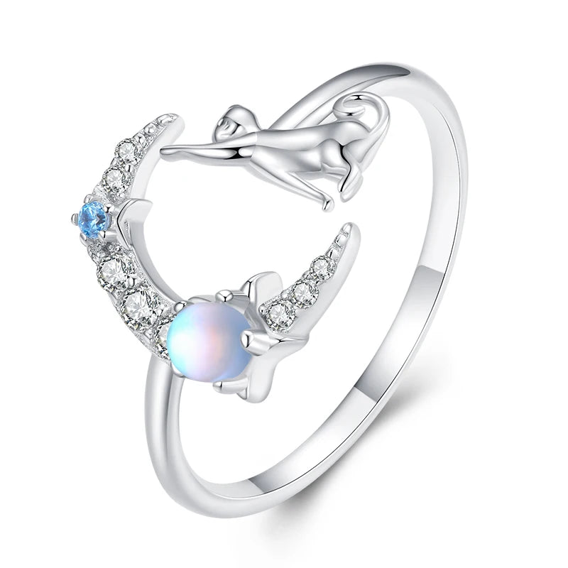 BISAER Genuine 925 Sterling Silver Cute Cat Moon Jewelry Set Animal Pendant Necklaces &Ring Original Jewelry Women Romantic Gift