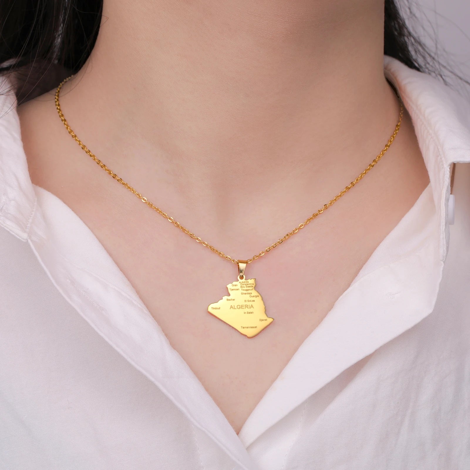 Dreamtimes Algeria Map City Name Necklace Pendant Stainless Steel Map of Algerian Chain Africa Country Jewelry Gift