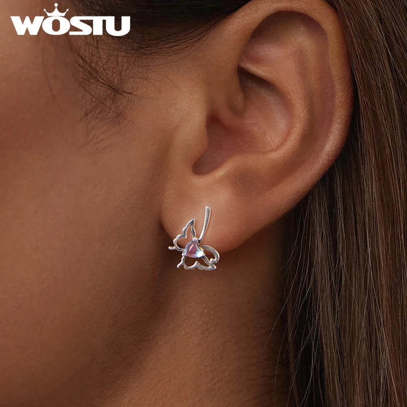 WOSTU 925 Sterling Silver Moonlight Butterfly Stud Earrings The Wings of Dragonfly Vivid for Women Birthday Fine Jewelry Gift