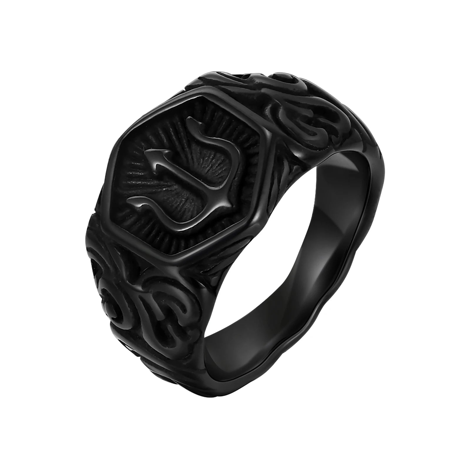 Vnox Black Tridant Signet Ring for Men, 13.3mm Chunky Wide Hexagon Geometric Top Finger Band, Strength Power Symbol Jewelry - Madeinsea©