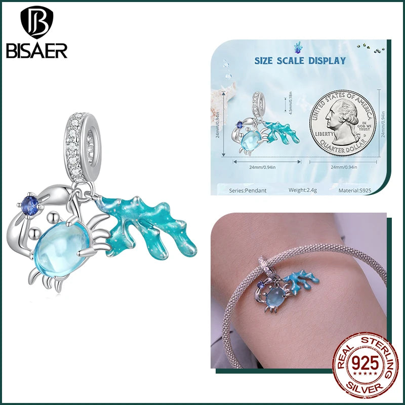 BISAER Real 925 Sterling Silver Bule Turtle Crab Charm Bead Sea Shells Pendant For Women DIY Bracelet & Necklace Holiday Gifts