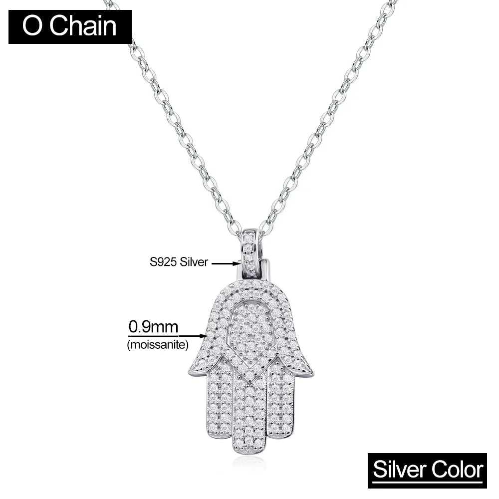 Serenity All Moissanite Necklace for Women Men Gift Hamsa Pendant Neck Chain Pure 925 Silver Hip Hop Jewelry 18K Plated Necklace