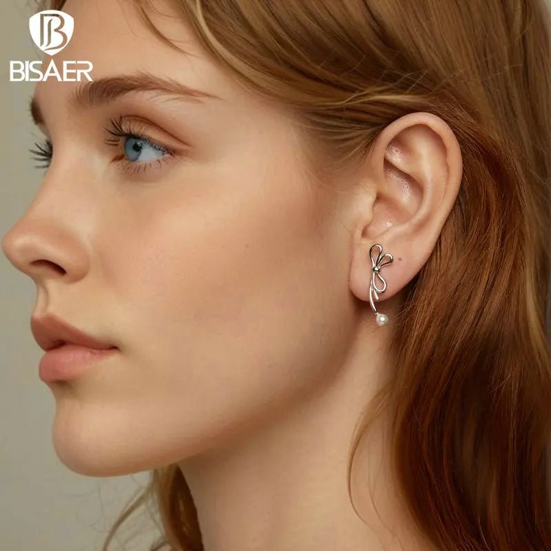 Boucles d'oreilles à tige en argent sterling 925 BISAER - Boucles d'oreilles à nœud délicat - Plaqué or blanc - Pour femme - Bijoux fins - Cadeau