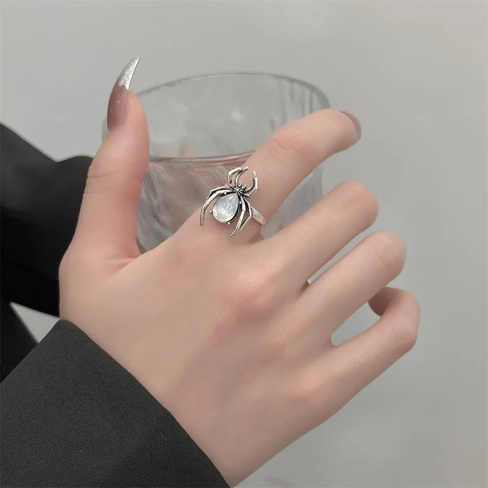 Halloween Creative Black Spider Opening Ring For Women Crystal Irregular Dark Animal Bat Ghost Gothic Finger Rings Party Jewelry