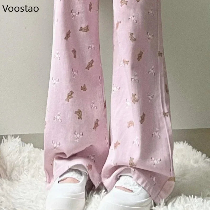 Pink Jeans Women Sweet Cute Cartoon Bear Print High Waist Wide Leg Pants Vintage Girls Casual Y2k Aesthetic Loose Denim Trousers