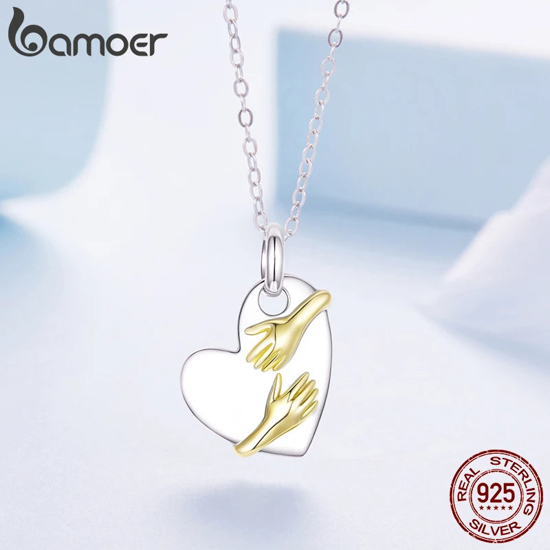 BAMOER 925 Sterling Silber Zweifarbige Umarmungskette mit Herzanhänger, Halskette für Damen, Muttertagsgeschenk, Schutzschmuck