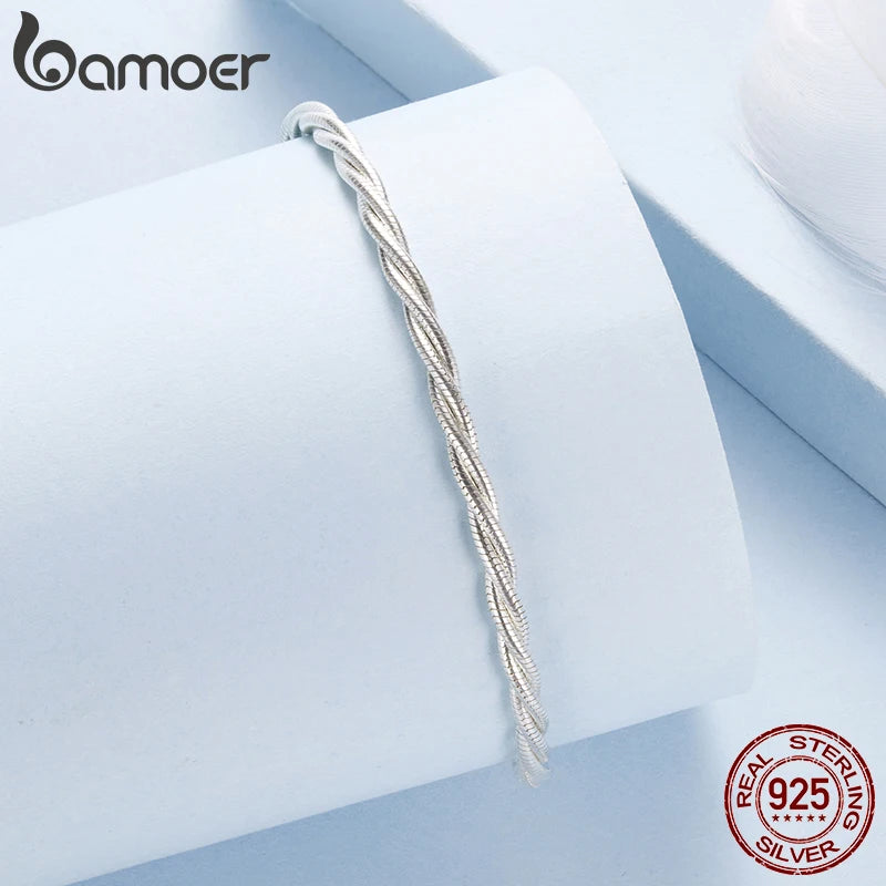 Bamoer Armband aus 925er Sterlingsilber, gedrehtes Basic-Design, doppellagige Schlangenkette, glänzender Kugelanhänger, ideales Weihnachtsgeschenk für Damen