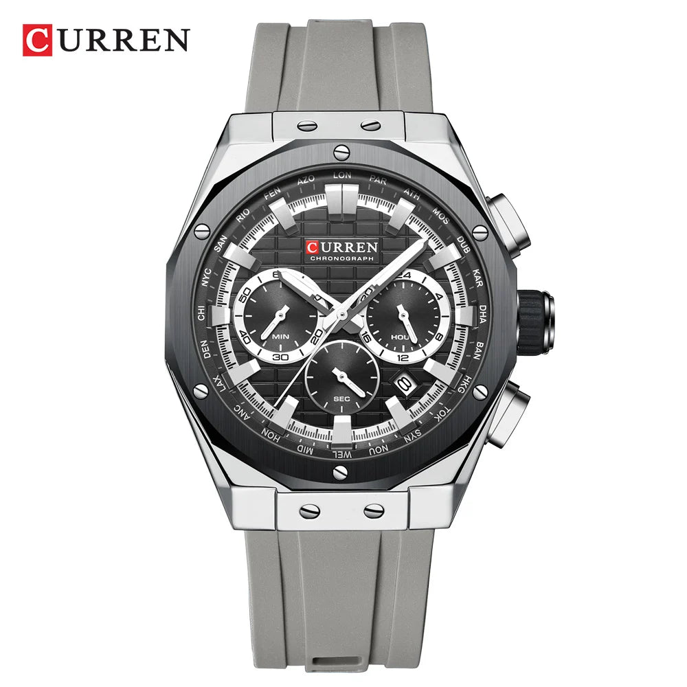 CURREN Casual Sports Quartz Watches for Men Silicone Band Business Chronograph Wristwatch with Date