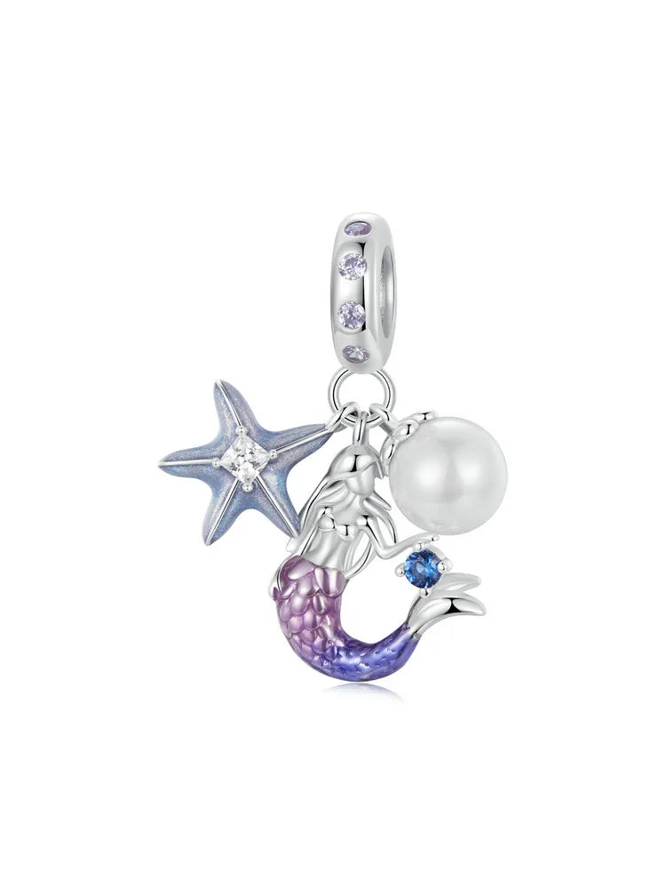 BISAER 925 Sterling Silver Ocean Dreamy Mermaid Charm Bead Rainbow Fishtail Crystal Pendant Fit Women DIY Bracelet Fine Jewelry