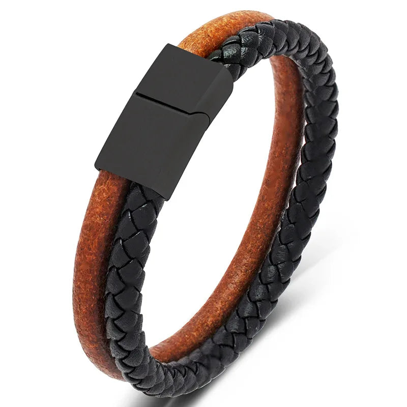 MKENDN Doppelsträngiges Original-Rindslederarmband mit gewebtem Leder, Edelstahl-Magnetschnalle, Zubehör, handgefertigte Geschenke