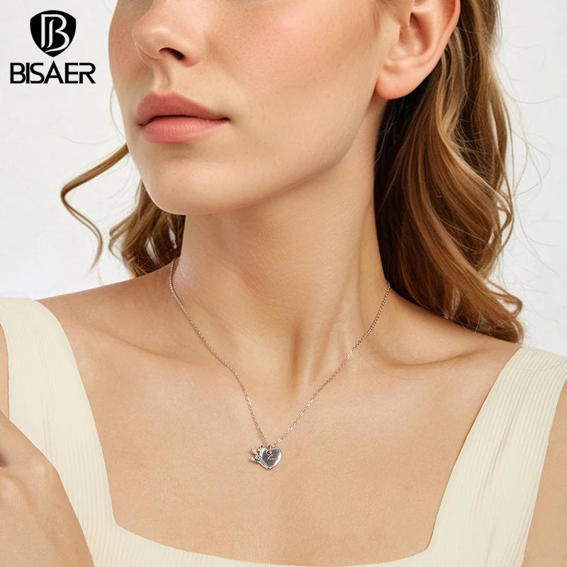 Collier BISAER Arbre de Vie Véritable Argent Sterling 925 Chaîne à Breloque Cœur Éternel Plaqué Or Blanc pour Femme Bijoux de Fête