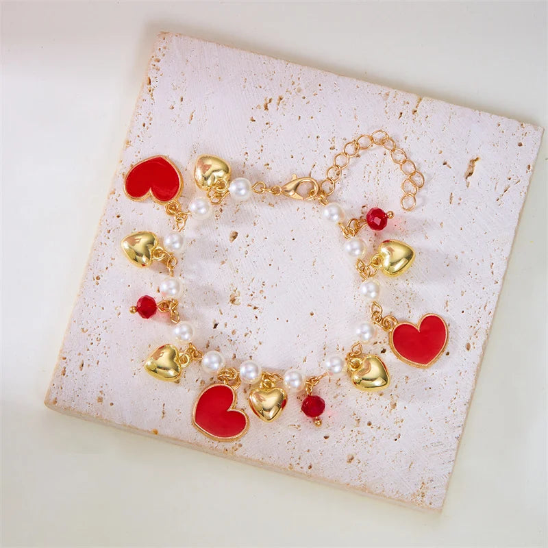 Charm Red Strawberry Bracelet For Women Cute Cherry Heart Shape Fruit Pearl Metal Chain Wristband Girls Party Friendship Jewelry