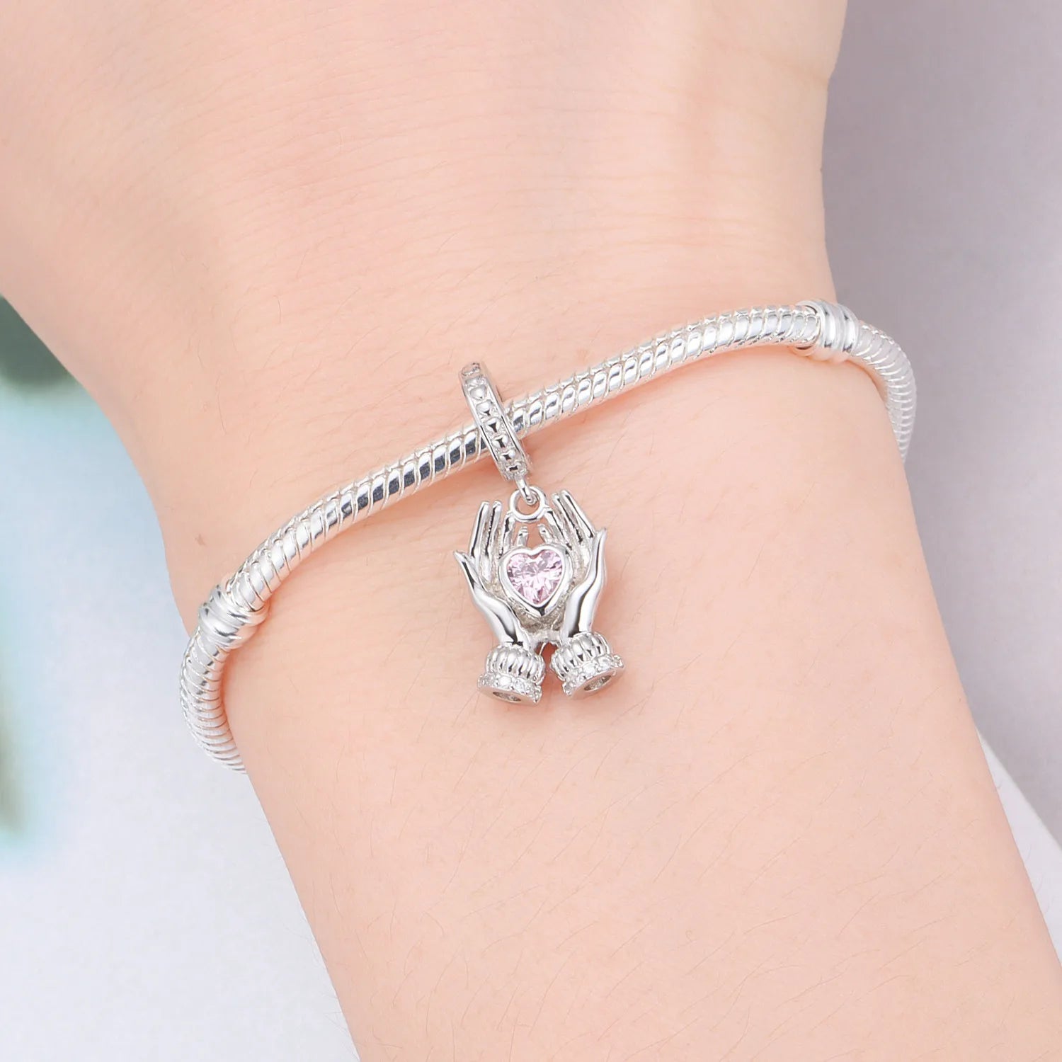 PANPOKI 925 Sterling Silver Pink Zircon Love Series Beads Original Pendants Bracelet Charm Jewelry Party DIY Trendy Gifts